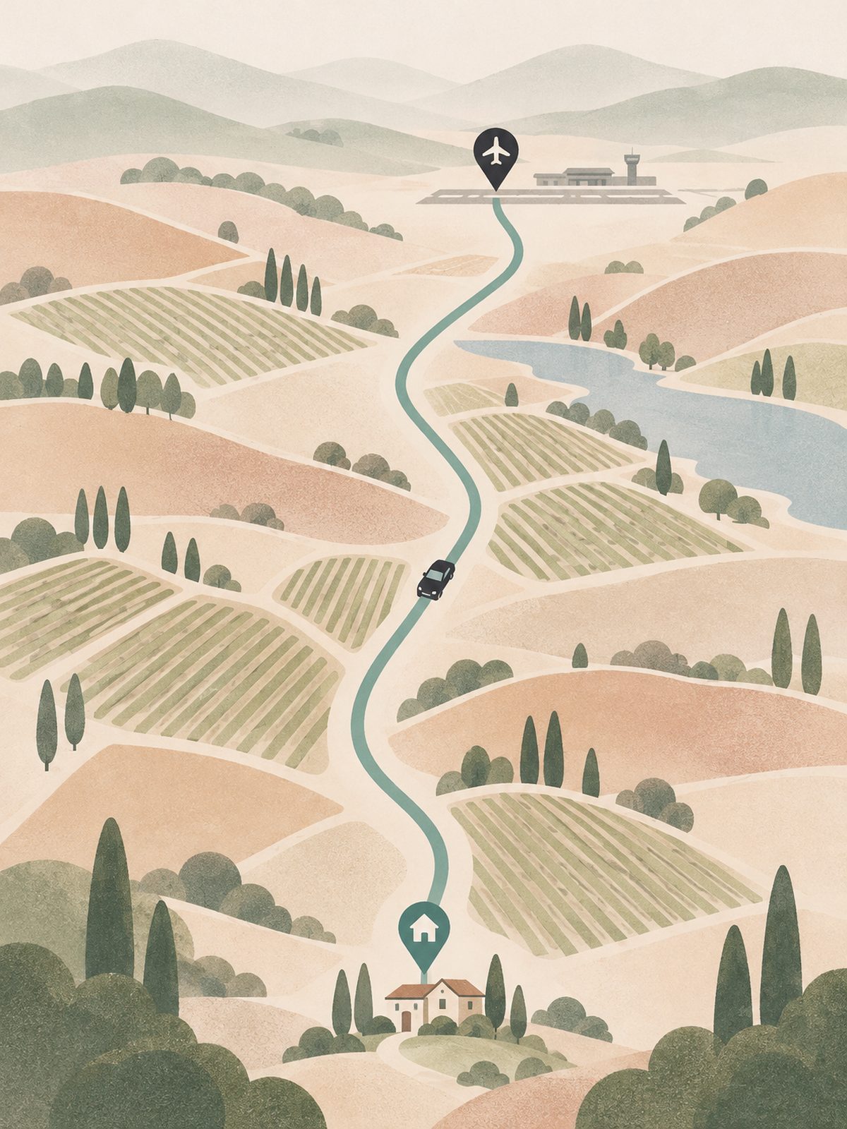 Illustrated map of a wine-country route from a house to an airport, with a car on the road